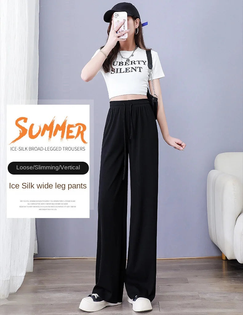 High Waist Women's Pants Ice Silk Woman Clothing Thin Youthful Woman Clothes Casual Korean Reviews Many Clothes Slim Loose Pants