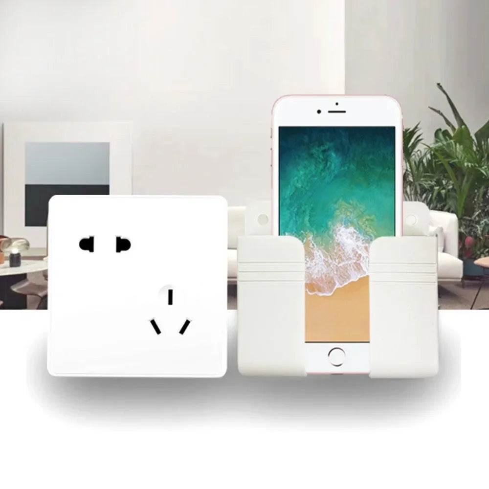 Wall Mounted Phone Holder for IPhone Punch Free Wall Mobile Phone Charging Stand Lazy Sticky Remote Control Storage Box Bracket