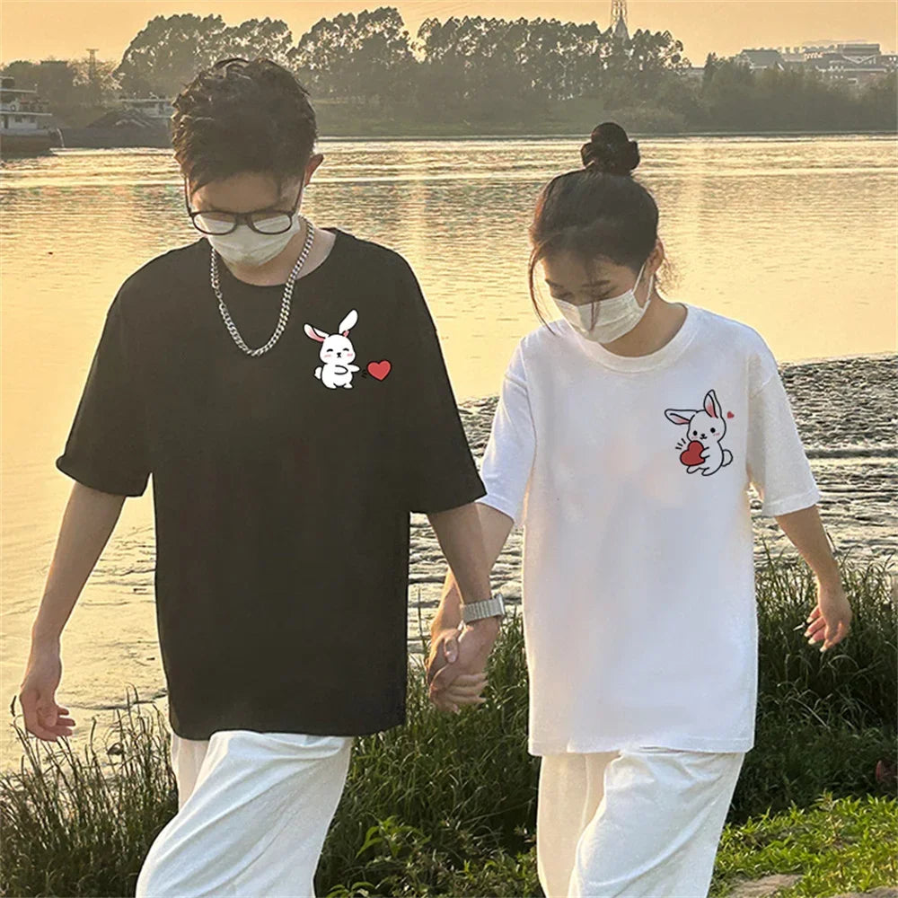 Summer Fashion Cartoon Love Rabbit Couple T-Shirt for Boyfriend Top Quality Cotton Men Women Short Sleeve Tshirt