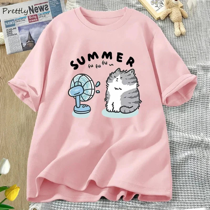 Summer Funny Cat and Fan Pattern T-shirt Women's Cotton Short Sleeved T-shirt Harajuku Clothing Women's Street Clothing Top