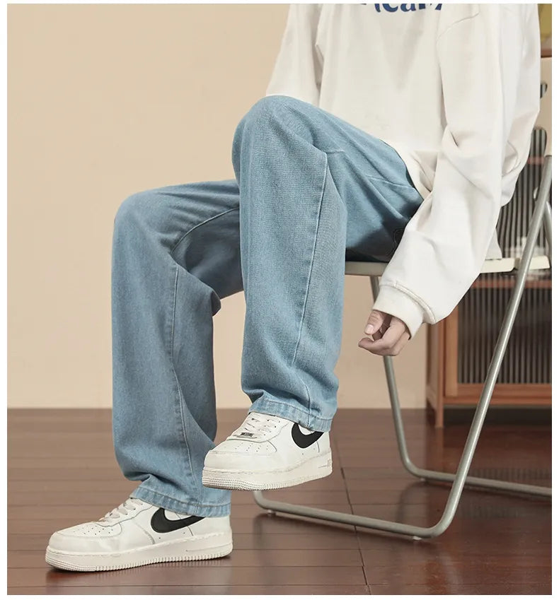 New Korean Fashion Men's Casual Ankle-Length Jeans Classic Man Straight Denim Wide-leg Pants Light Blue Grey Black 3XL