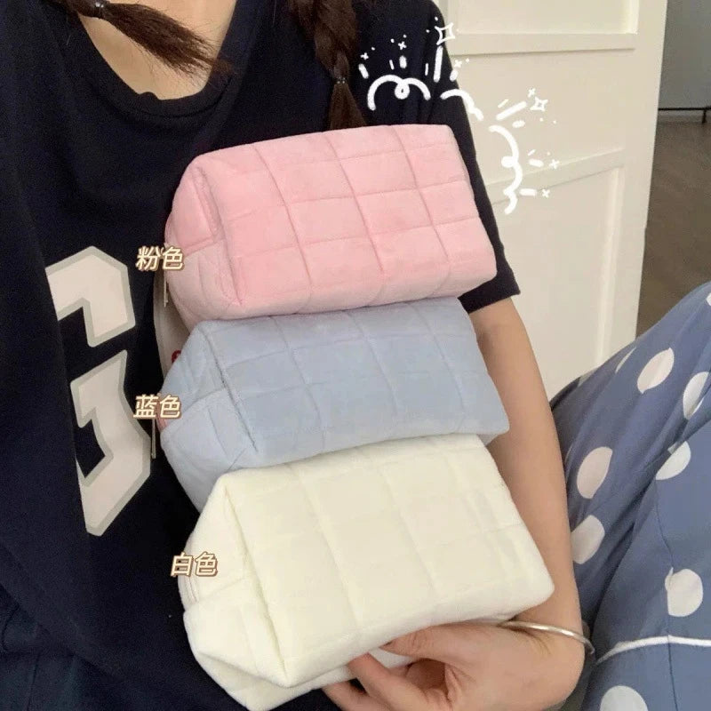 Women Zipper Fur Cosmetic Storage Bag Large Solid Makeup Organizer Handbag Stationery Pencil Case Travel Make Up Toiletry Punch