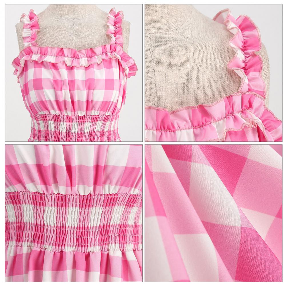 Women Vintage Barbiee Pink Plaid Dress Retro Rockabilly Strap Suspenders Cocktail Party 1950s 40s Swing Dress Summer Dresses