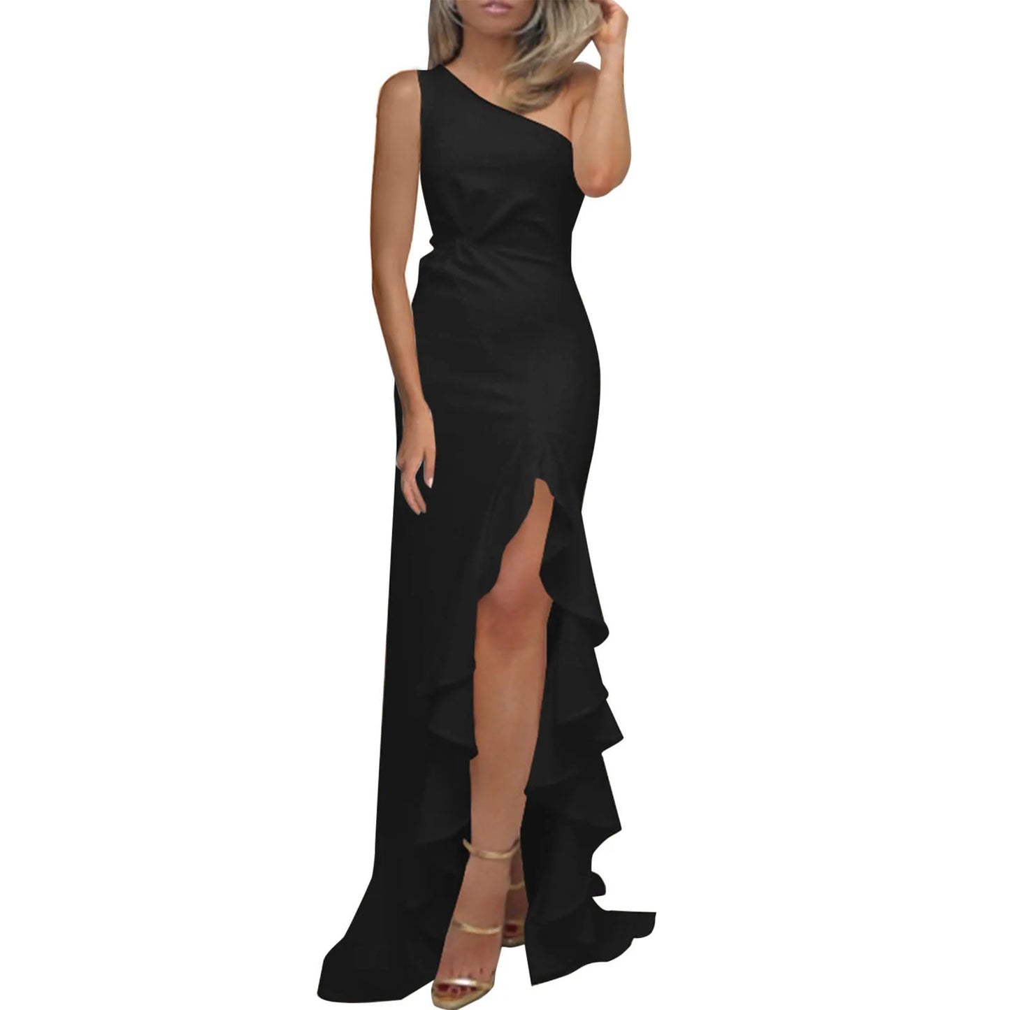 Women's One Shoulder Ruched Irregular Ruffle Solid Color High Waist Elegant Formal Evening Dress Slim Wedding Party Dresses