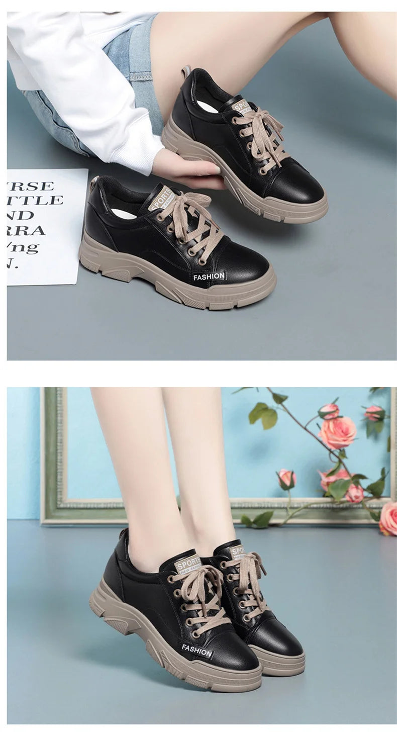 2024 Spring Non-slip Soft Leather Sneaker Trekking Footwear New Women's Thick-soled Lace-up Leisure Skateboard Sports Shoes