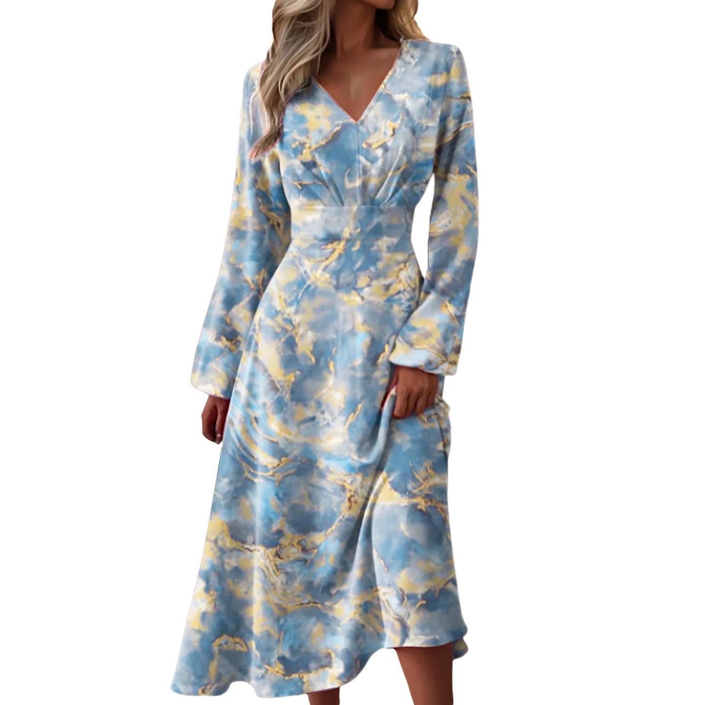 Women Print Dress Long Sleeve V Neck Casual Elegant Retro Fashion Slim Casual Ladies Spring Autumn Dresses Vestidos Clothing