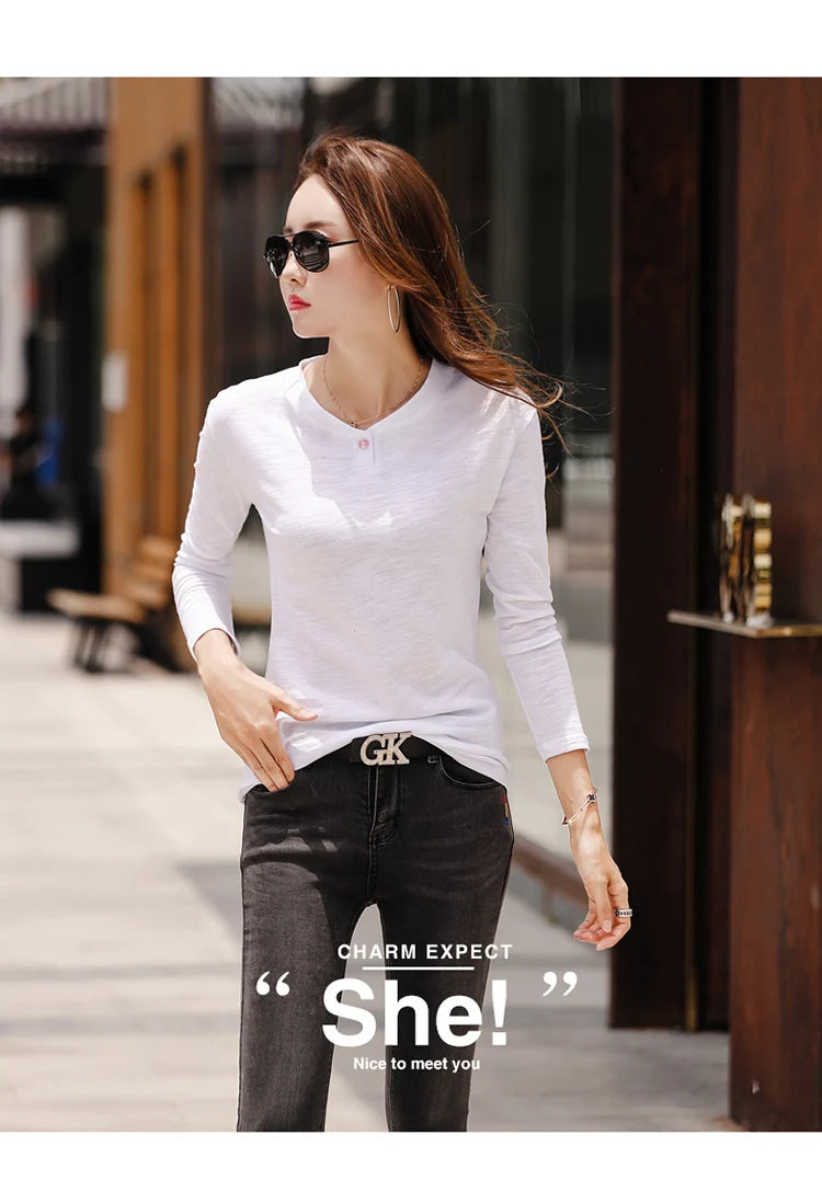 2024 Long Sleeve Spring Women Slub Cotton T Shirts Female Button Green V-Neck Solid Color T-shirt Coffee Korean Soft Loose Tops