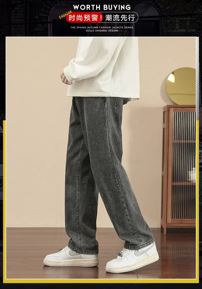 New Korean Fashion Men's Casual Ankle-Length Jeans Classic Man Straight Denim Wide-leg Pants Light Blue Grey Black 3XL
