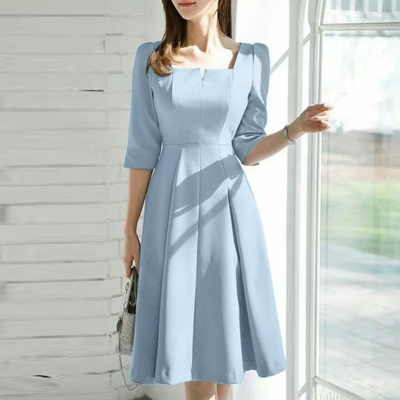 ZANZEA Fashion Summer Dress Women Half Sleeve Square Collar Sundress Elegant Party Vestido Casual Solid OL Work Dresses Robe