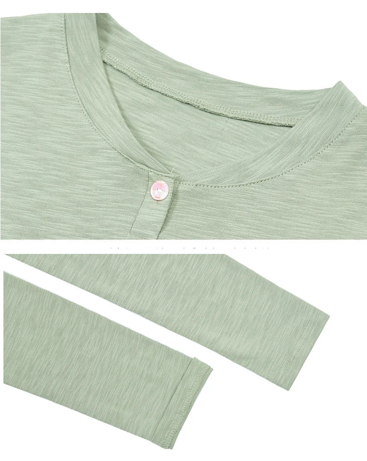 2024 Long Sleeve Spring Women Slub Cotton T Shirts Female Button Green V-Neck Solid Color T-shirt Coffee Korean Soft Loose Tops