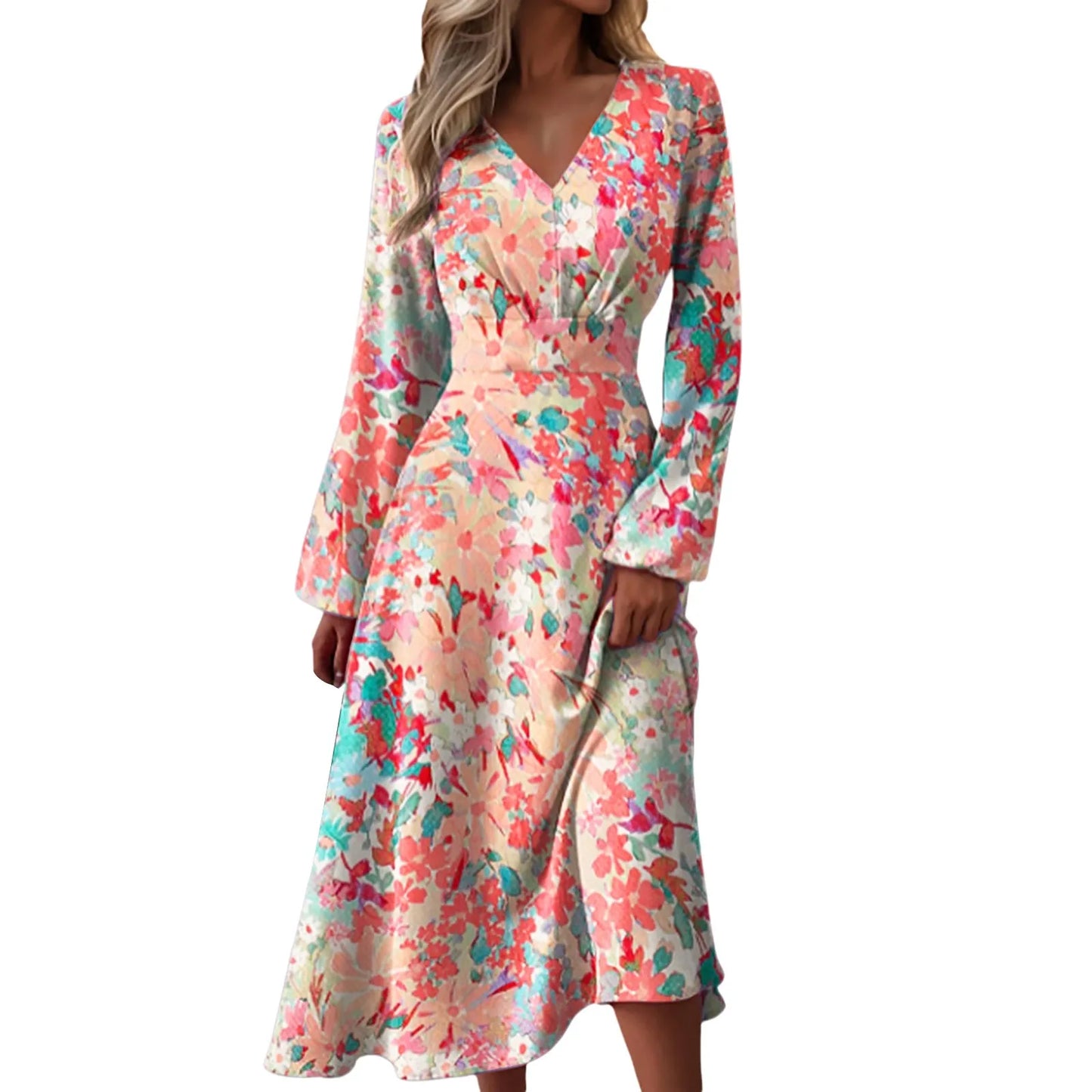 Women Print Dress Long Sleeve V Neck Casual Elegant Retro Fashion Slim Casual Ladies Spring Autumn Dresses Vestidos Clothing