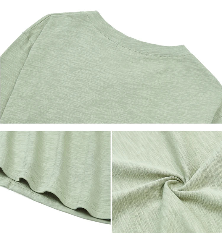 2024 Long Sleeve Spring Women Slub Cotton T Shirts Female Button Green V-Neck Solid Color T-shirt Coffee Korean Soft Loose Tops