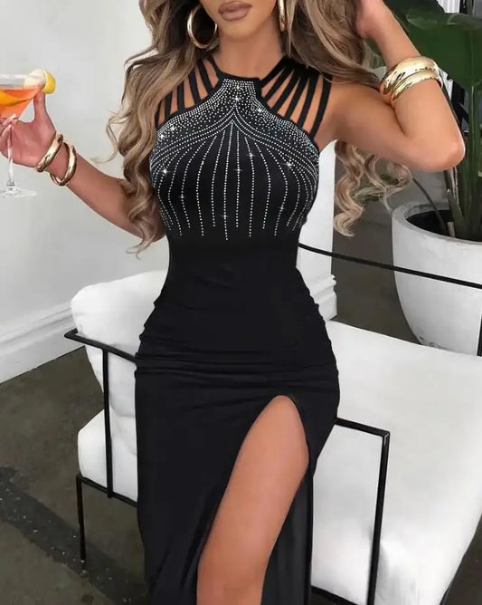 Sexy Women Dresses Rhinestone Decor Elegant Fashion Multi-Strap High Slit O-Neck Sleeveless Maxi Skinny Party Dress 2022 Summer