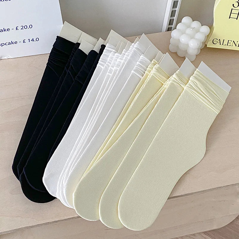 INS Women Girls Summer Thin Long Socks Ice Velvet Soft Breathable Pile of Socks Solid Black White Beige Harajuku High Tube Socks