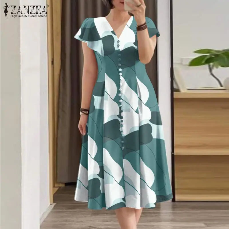 ZANZEA Summer Fashion Printed Dress Woman Short Sleeve V-Neck Robe Casual Holiday Sundress Female Elegant Slim Vestidos 2024
