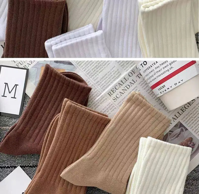 Women Classic Solid Color Striped Cotton Loose Socks Korean Fashion Japanese Style Simple Basic Socks Lady All Match Brown Sock