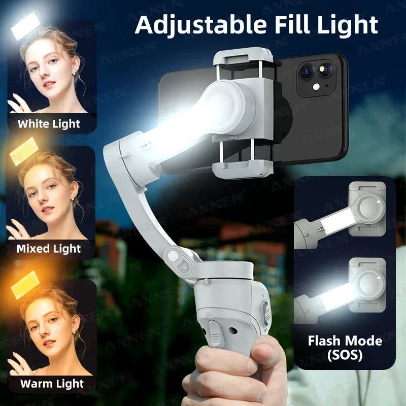 Handheld 3-Axis Smartphone Gimbal Stabilizer with Anti-Shake, Built-in Fill Light, Ideal for iPhone Android Vlogging and Tiktok