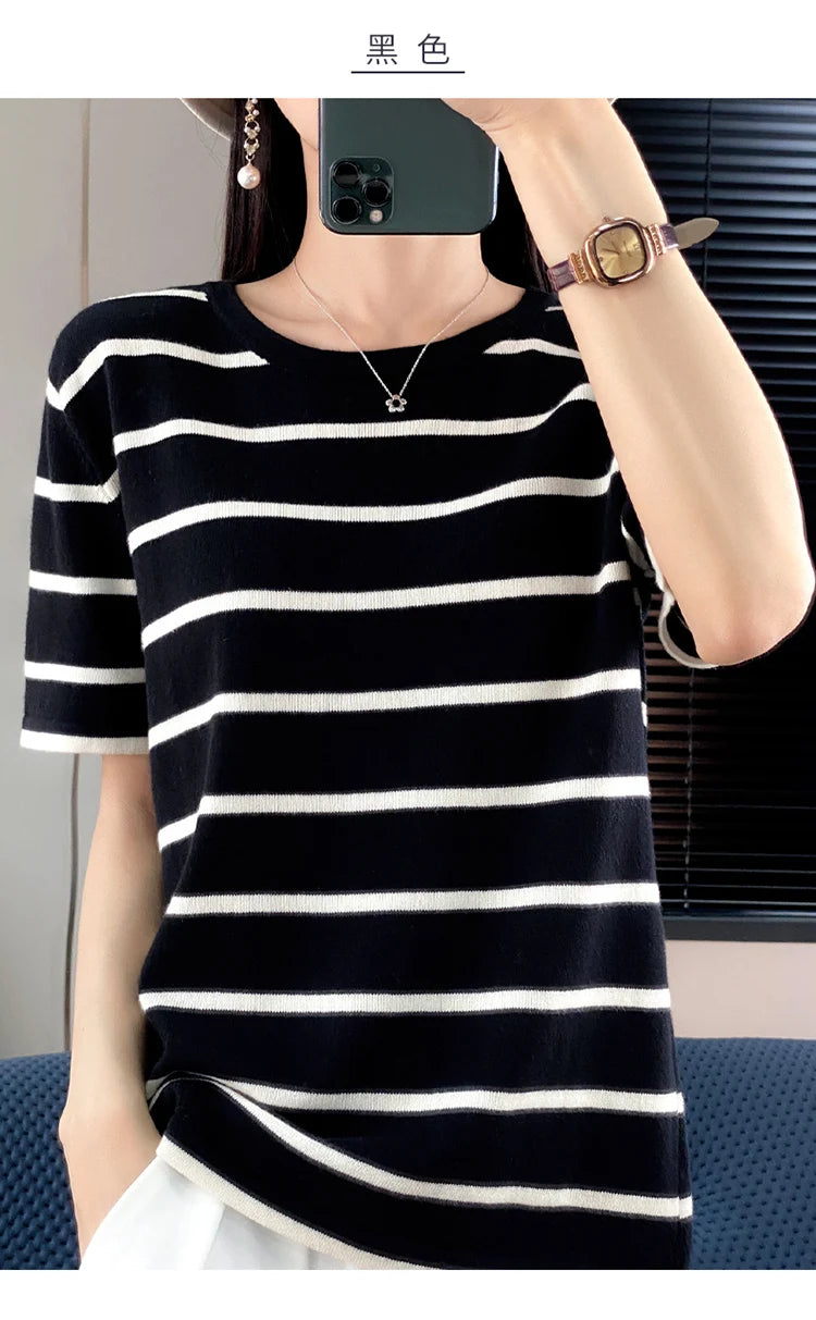 RONGYI Spring And Summer 100% Cotton Women's O-Neck Pullover Short Sleeve T-Shirt Striped Knitting Fashion Casual Spacious Top