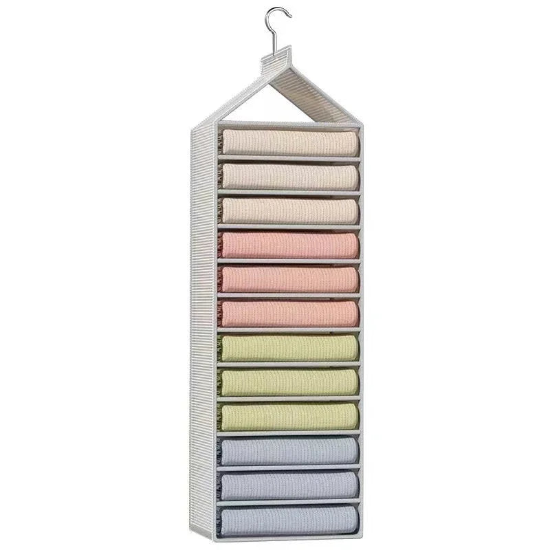 Home wardrobe storage, hanging bags, pants, layered hanging clothes, separated and organized items, fabric storage rack