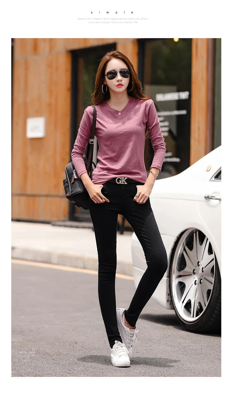 2024 Long Sleeve Spring Women Slub Cotton T Shirts Female Button Green V-Neck Solid Color T-shirt Coffee Korean Soft Loose Tops