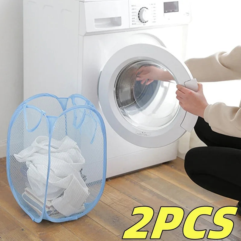 Hot 2PCS Folding Household Laundry Storage Basket Mesh Dirty Clothes Storage BasketToy Storage Bag Household Storage Bucket