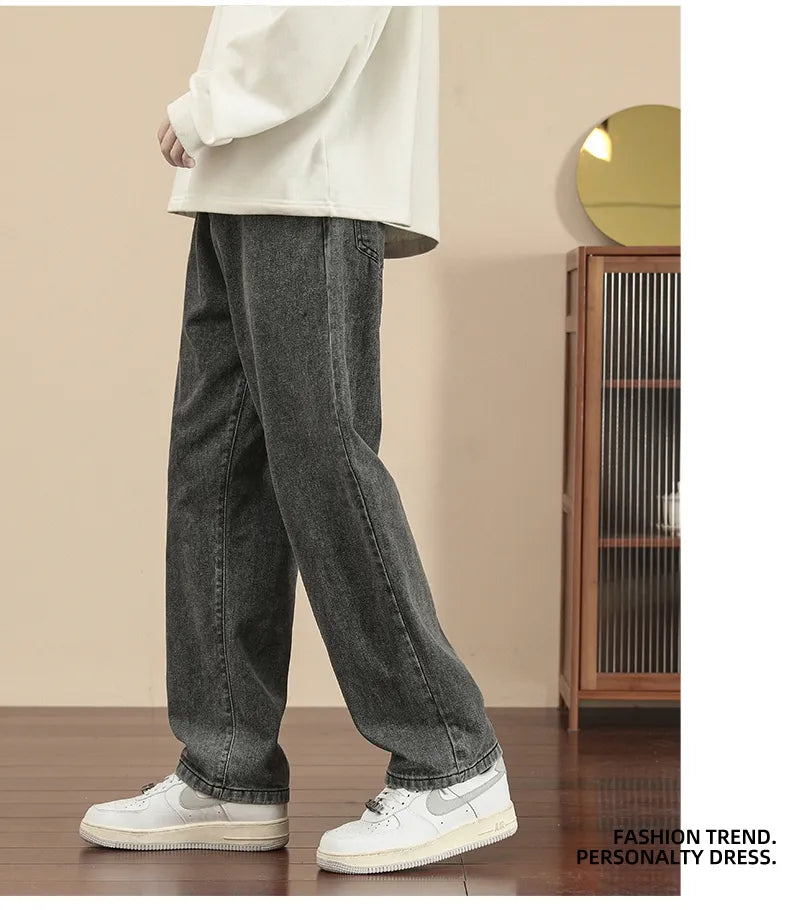 New Korean Fashion Men's Casual Ankle-Length Jeans Classic Man Straight Denim Wide-leg Pants Light Blue Grey Black 3XL