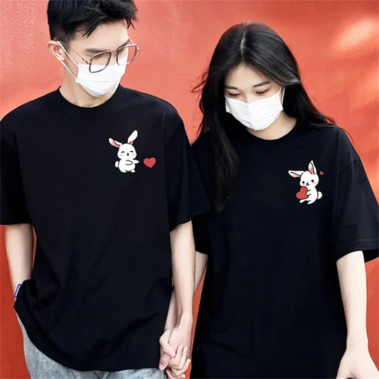Summer Fashion Cartoon Love Rabbit Couple T-Shirt for Boyfriend Top Quality Cotton Men Women Short Sleeve Tshirt