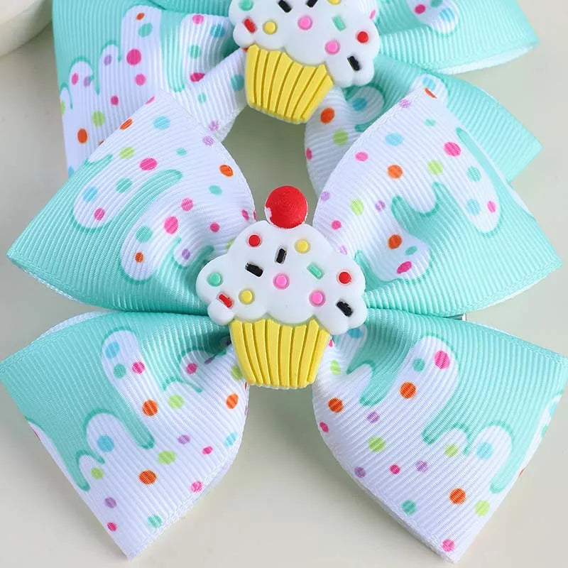 ncmama 2Pcs/set Grosgrain Ribbon Hair Bows Clips For Baby Girls Dessert Hairpin Barrettes Children Headdress Kids Headwear Gifts