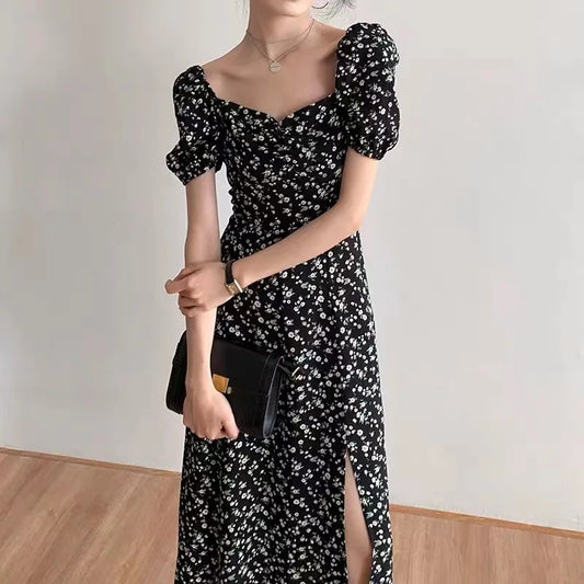 French Style Square Collar Floral Print Dress Women Puff Sleeve High Waiste A-line Ladies Sweet Daily Dating Long Vestidos