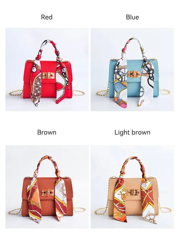 Women Girls Fashion Simplicity Solid Color Handbag Niche Design Silk Scarf Mini Chain Single Shoulder Crossbody Bag Bandolera