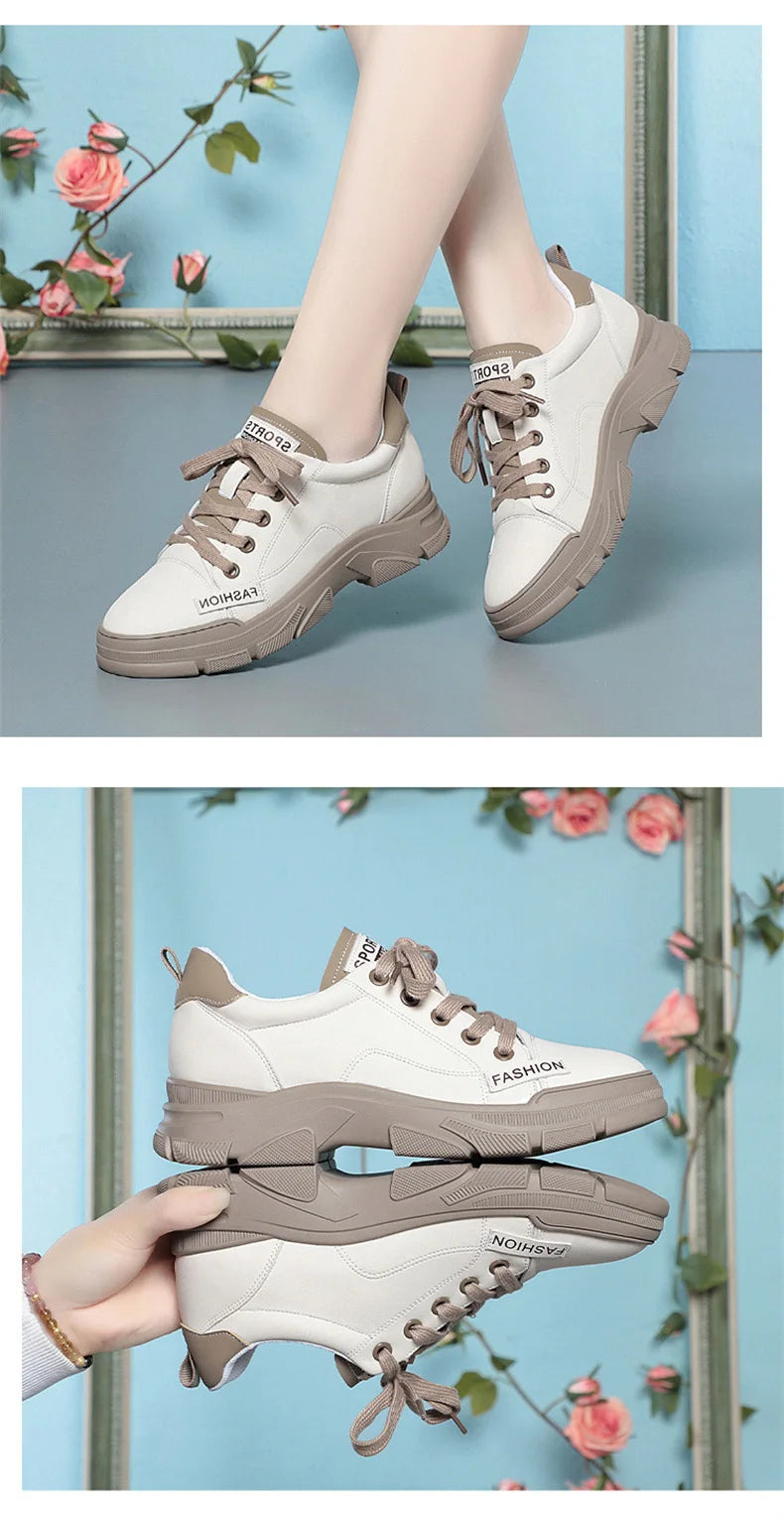2024 Spring Non-slip Soft Leather Sneaker Trekking Footwear New Women's Thick-soled Lace-up Leisure Skateboard Sports Shoes