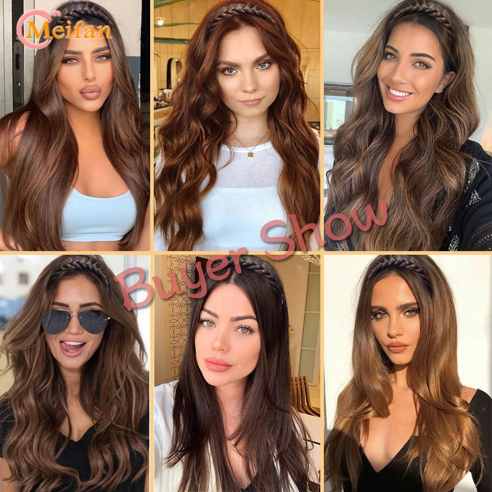 MEIFAN Long Wavy Curly U-shaped With HairBand Synthetic Natural Fake Hairpiece Black Brown Fluffy Half Wig Extension for Women