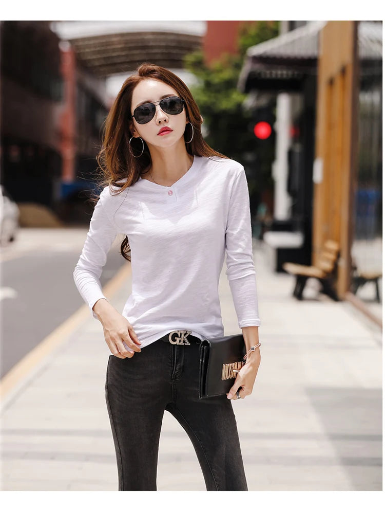 2024 Long Sleeve Spring Women Slub Cotton T Shirts Female Button Green V-Neck Solid Color T-shirt Coffee Korean Soft Loose Tops