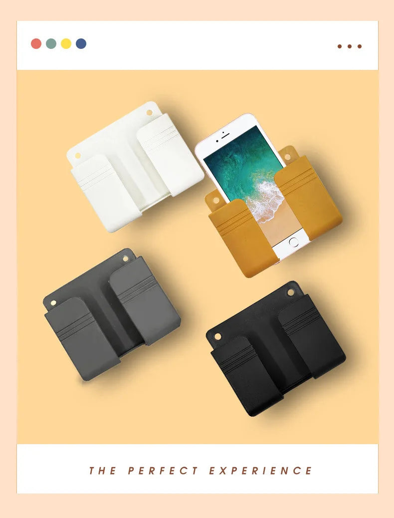 Wall Mounted Phone Holder for IPhone Punch Free Wall Mobile Phone Charging Stand Lazy Sticky Remote Control Storage Box Bracket