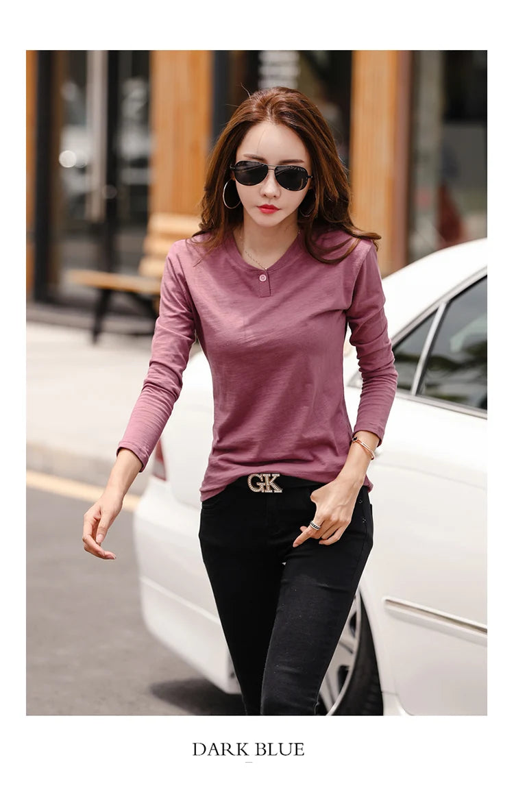 2024 Long Sleeve Spring Women Slub Cotton T Shirts Female Button Green V-Neck Solid Color T-shirt Coffee Korean Soft Loose Tops