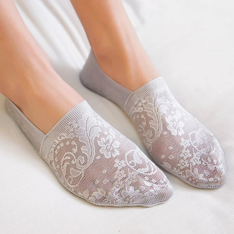 Women Sexy Lace Floral Anklet Socks Breathable Female Basic Summer Invisible Anti Slip Sock Lady Home Floor Slipper Boat Sox
