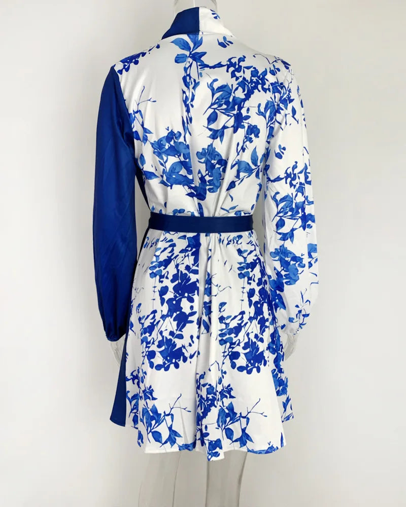 Women Summer Style One-piece Color Blocked Lace Up Dress With V-neck Long Sleeved High Waisted Lace Up Retro Floral Short Skirt