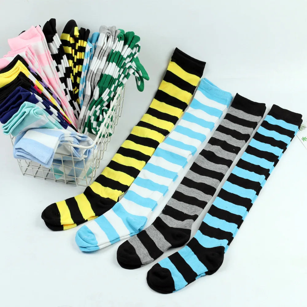 Color Striped Stockings Japanese Over Knee Socks Fashion Women Keep Warm Soks Sexy Slim Long Soks Black White Striped Hosiery