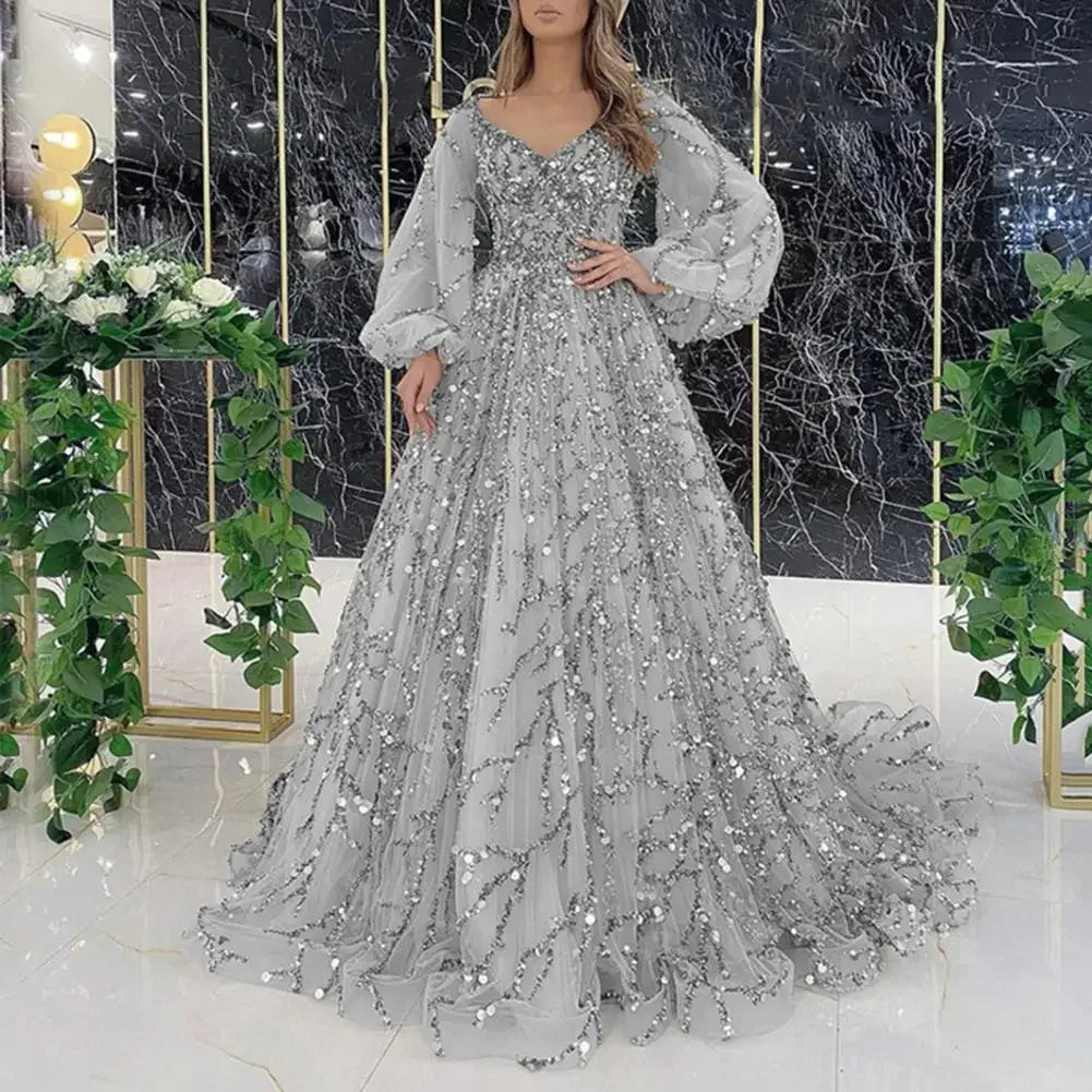Women's Elegant Cocktail Party Dress Sequins Mesh Evening Dress Long Lantern Sleeve V-Neck Floor Length Luxury dresses