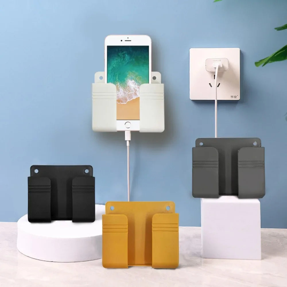 Wall Mounted Phone Holder for IPhone Punch Free Wall Mobile Phone Charging Stand Lazy Sticky Remote Control Storage Box Bracket