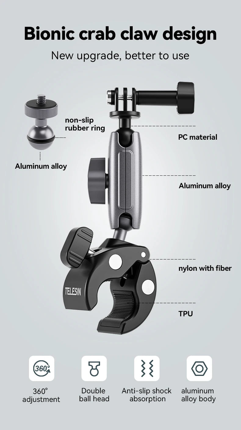 TELESIN Cycling Motorcycle Clip Magic Arm 360° Aluminum Alloy Super Clamp 1/4" Hole For Camera GoPro Mobile Phone Action Camera