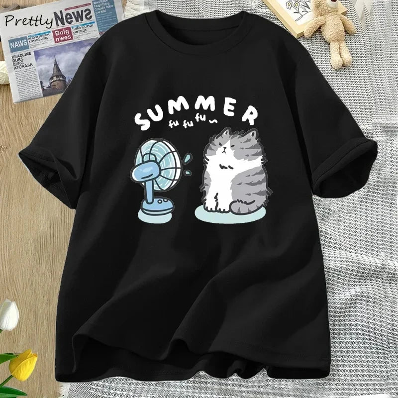 Summer Funny Cat and Fan Pattern T-shirt Women's Cotton Short Sleeved T-shirt Harajuku Clothing Women's Street Clothing Top
