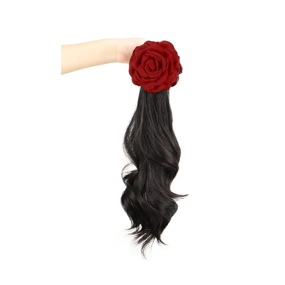 A Ponytail Wig For Women With Rose Hair Clips And High-temperature Silk Long Hair With Large Wave Ties And Ponytail Braids
