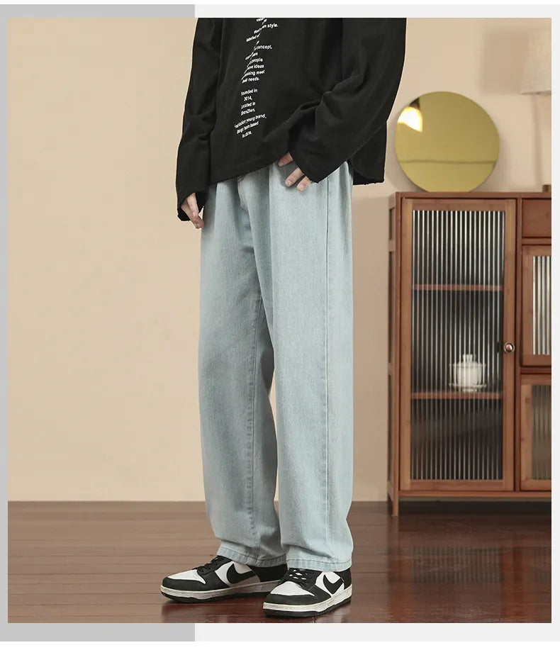 New Korean Fashion Men's Casual Ankle-Length Jeans Classic Man Straight Denim Wide-leg Pants Light Blue Grey Black 3XL