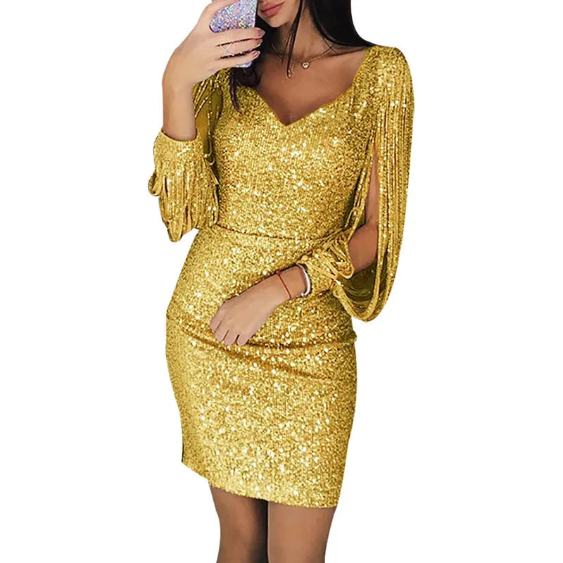 Women's Sparkly Sequin Short Evening Dress, V Neck, Chic Tassel, Long Sleeve, Solid Silver, Female, Wedding, Sexy, Fashion