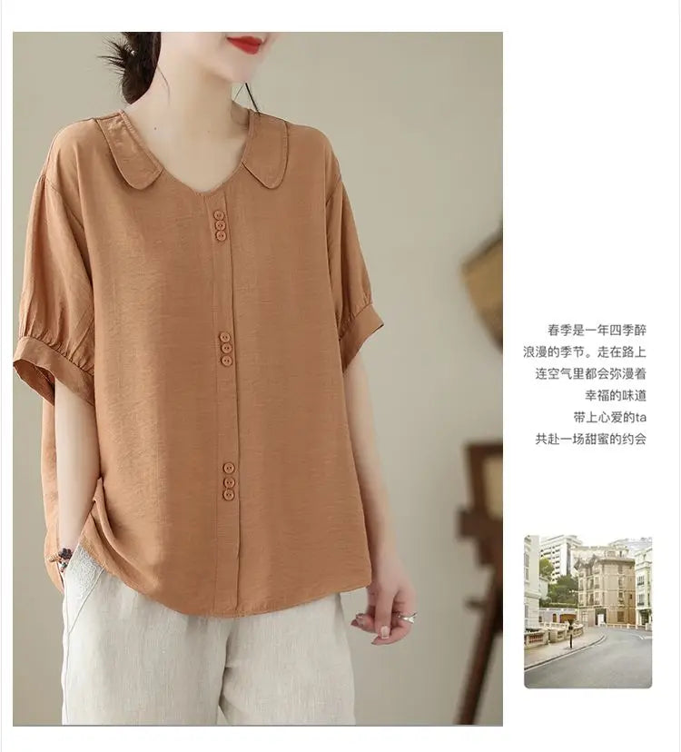 Women Summer Simplicity Loose Large Size Elegant Cotton and Linen Short Sleeve T-Shirt Women Clothes Casual Appear Thin Top Tee