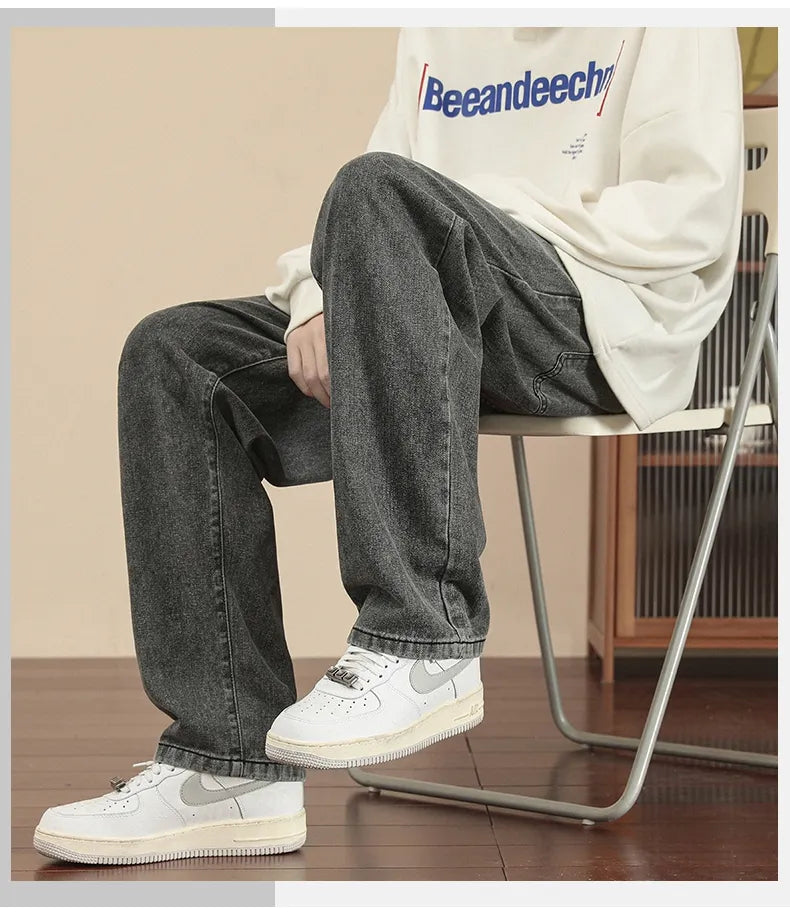 New Korean Fashion Men's Casual Ankle-Length Jeans Classic Man Straight Denim Wide-leg Pants Light Blue Grey Black 3XL