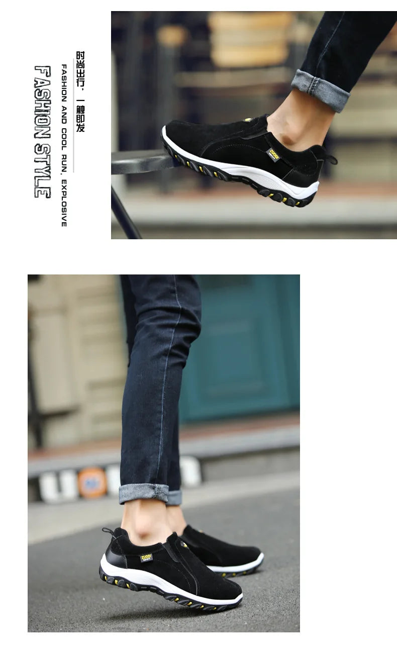New Men Slip on Hiking Shoes PU Leather Climbing Footwear Male Outdoor Light Soft Rubber Sole Jogging Trekking Walking Sneakers