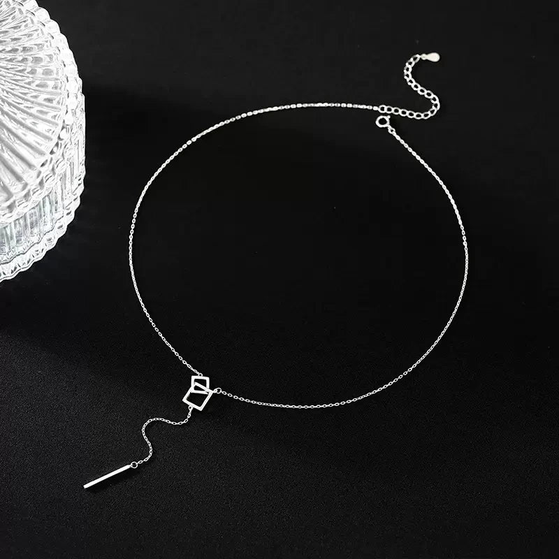 925 Sterling Silver Geometric Square Necklace with Straight Tassel Long Collar Chain Neckchain Sweater Chain Wedding Jewelry