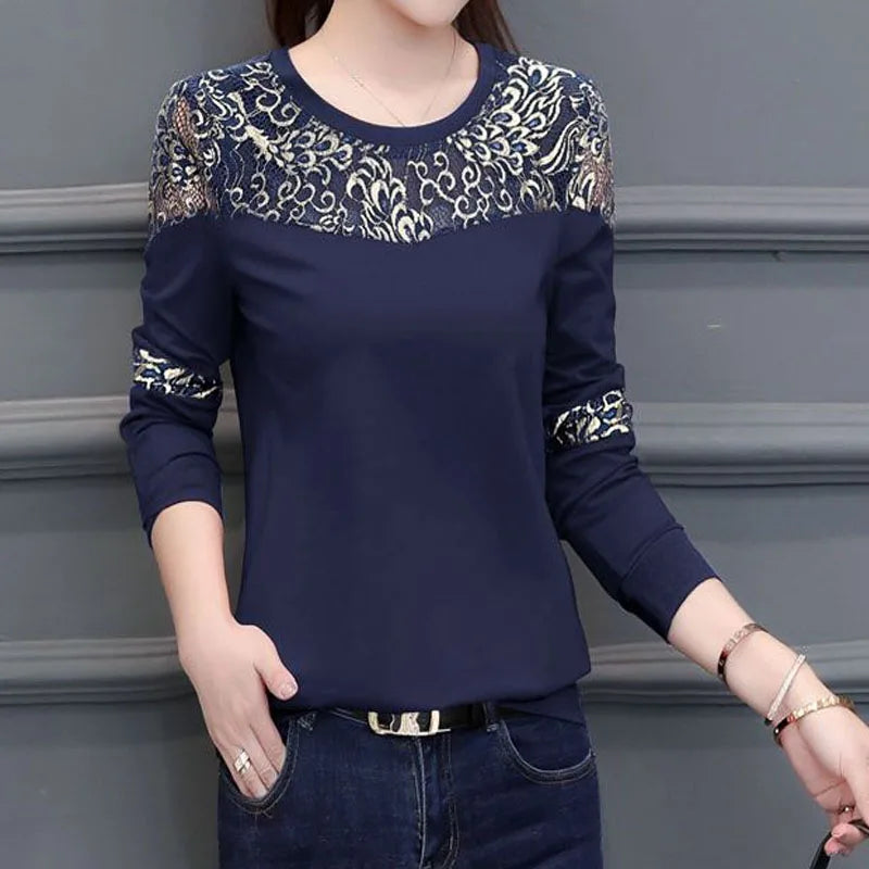 O-Neck Dark Blue Pure Cotton Long Sleeve Hollow Out Top Tee Gold Stripe Pattern Street Leisure Style White Plaid T-Shirts Ladies